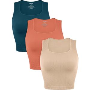 ODODOS Seamless Square Neck Tank for Women Ribbed Soft Sleeveless Longline Crop Tops (X-Small, Beige+coral+teal)