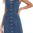 Women's Denim Dress Sleeveless Stretchy Crewneck Vintage Button Down Jean Dresses with Patch Pocket (Large, Blue)