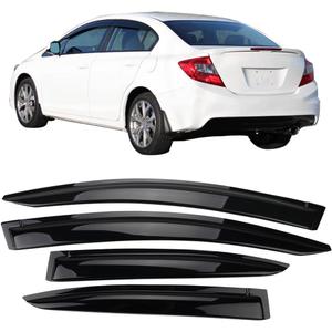 Tape on Outside Mount Window Visor Compatible with 2012-2015 Honda Civic Sedan, Slim Style Acrylic Smoke Tinted & Semi-Transparent Sun Rain Wind Guards Shield Vent by IKON MOTORSPORTS, 2013 2014