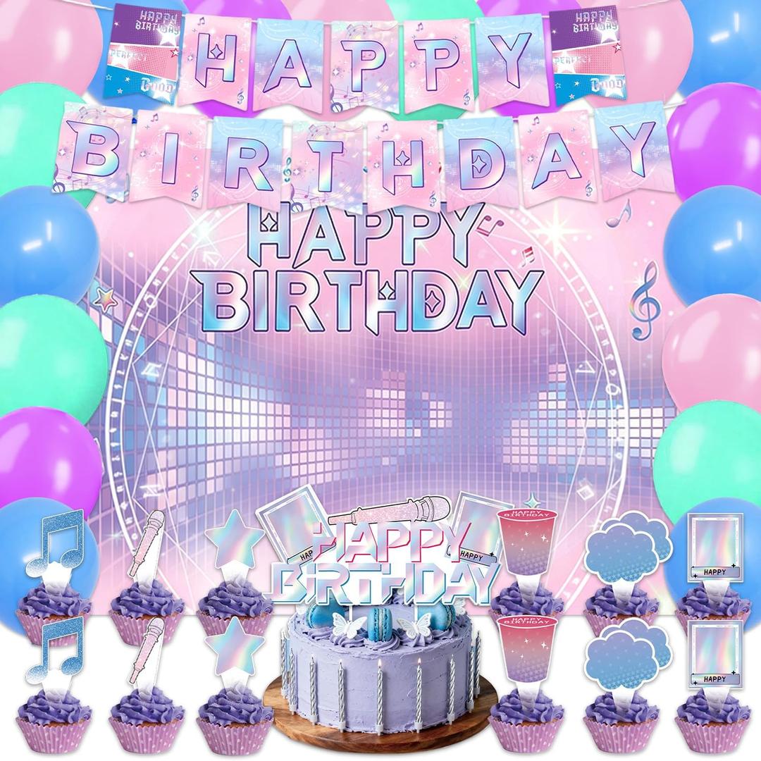 42Pcs Demon Movie Birthday Party Decorations Include Cake Topper Cupcake Toppers Music Singer Happy Birthday Party Pink and Purple Flag Banner and Balloons Backdrog