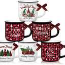 6 Pcs Christmas Mini Coffee Mugs Gifts with Plaid Ribbons Red Black Plaid Xmas Tree Truck 5 oz Christmas Ceramic Cups for Tiered Tray Decor Holiday Party Bar Kitchen Decorations