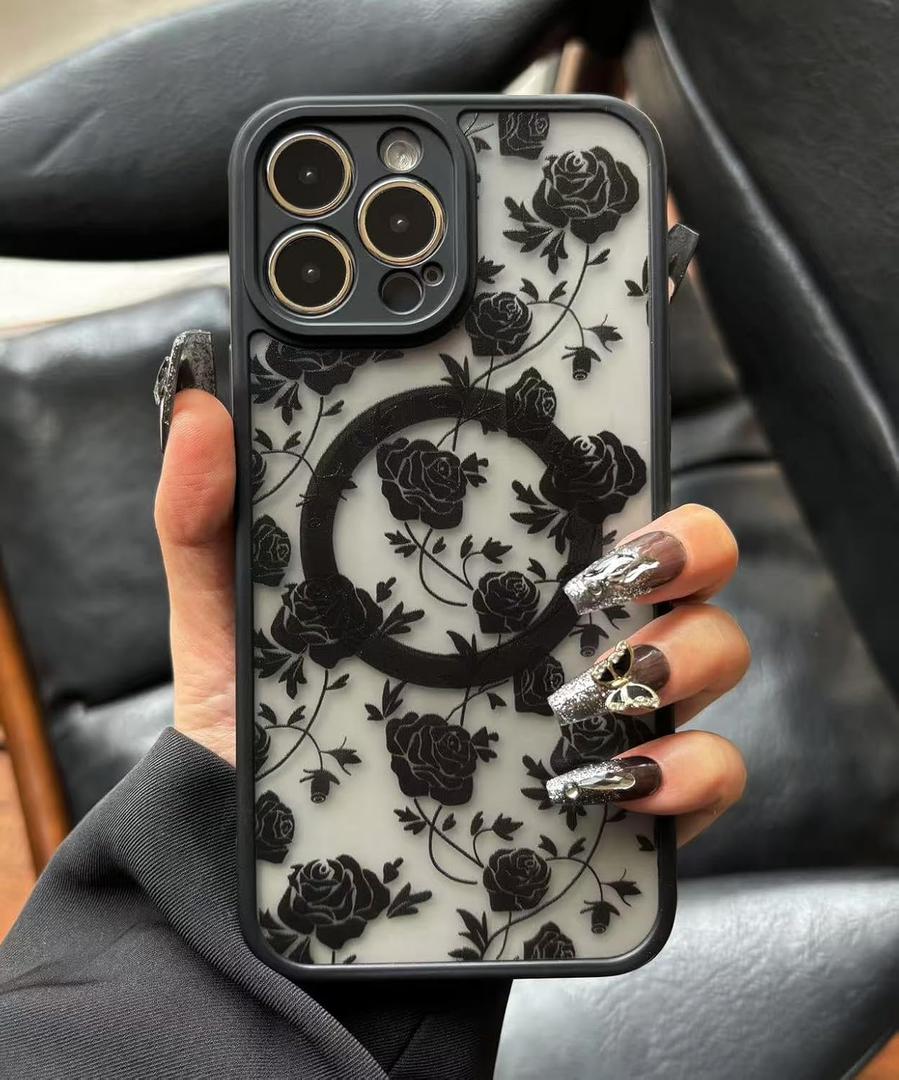 Case for iPhone 16 Pro Max [Compatible with MagSafe] Aesthetic Black Rose Goth Design for Women Girls | Soft TPU Bumper Hard PC Back Translucent Matte Protective Slim Magnetic Phone Cover