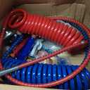 15Ft Coiled Air Brake Hoses Assembly and Accessory Kit 40'' & 12'' Pigtails Leads, Semi Truck Red Blue Coiled Air Brake Lines with Aluminum Glad Hands & Extension Handle Grips & Rubber Seals