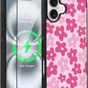 OOK Magnetic for iPhone 16 Case Pink Flower Cute Design [Compatible with MagSafe] Hard PC+Soft TPU Bumper Anti-Slip Ultra Thin Case, Pink Flower