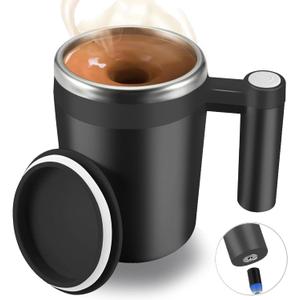 Self Stirring Mug,Rechargeable Auto Magnetic Coffee Mug with 2Pc Stir Bar,Waterproof Automatic Mixing Cup for Milk/Cocoa at Office/Kitchen/Travel 14oz Best Gift - Black