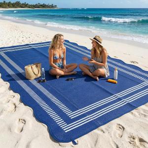 Garvee Waterproof Outdoor Rug 9x12, Scalloped Geometric Foldable Plastic Straw Patio Camping Rug, Outdoor RV Carpet for Deck Camper Porch Balcony Backyard Picnic Beach Blue