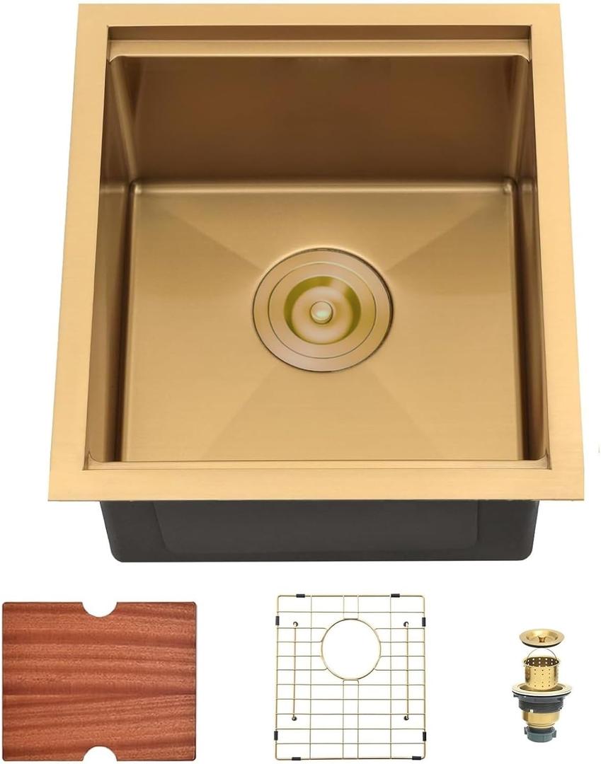 15 Inch Drop In Kitchen Sink, Stainless Steel Single Bowl Undermount Kitchen Sinks, Single Bowl Farmhouse Workstation Sinks(Gold, 1515)