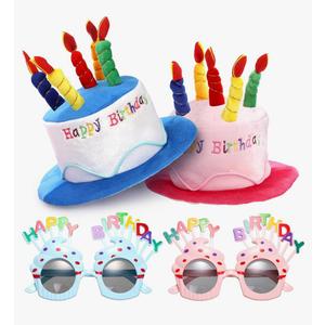 Okllen Birthday Hats Set of 2 for Adults, Plush Cake Hats with Sunglasses, Funny Party Novelty Hats for Birthday Party Favors, Blue & Pink
