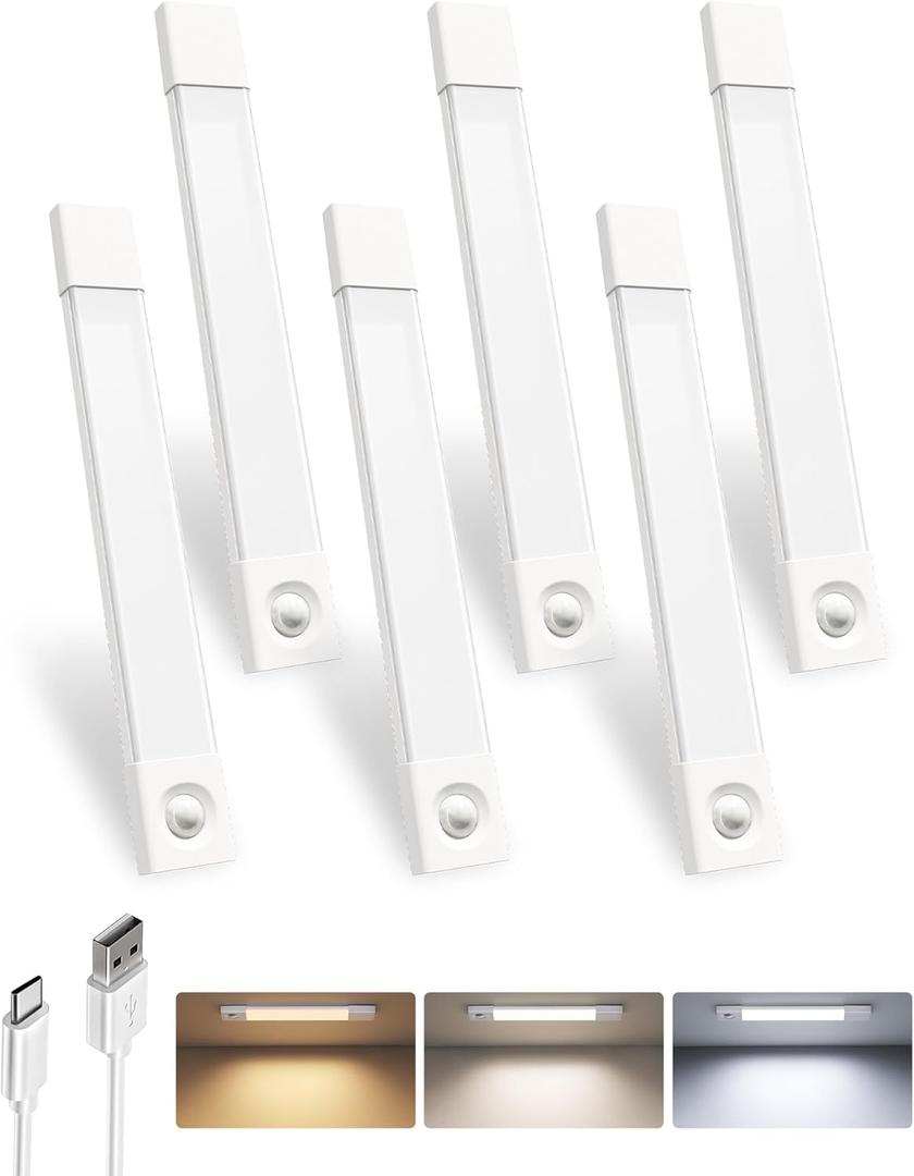 EZVALO 6-Pack Under Cabinet Lighting, Wireless Closet Lights, 50 LED Rechargeable Motion Sensor Light, Dimmable, 3 Color Temperatures, 11.8 inch Counter Lights for Kitchen, Pantry, Bedroom, Wardrobe (White)