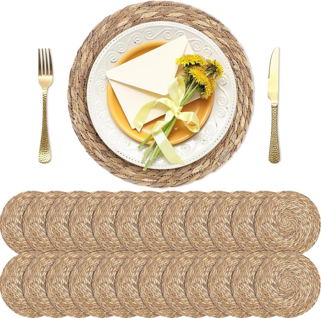 Set of 24 Round Woven Placemats 12 Inches Bulrush Placemats Natural Hand-Woven Boho Rattan Placemats Wicker Table Mats Farmhouse Weave Place Mats for Home Dining Table