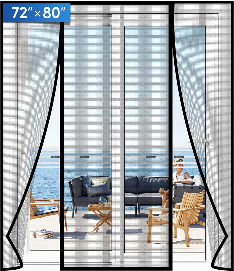 Magnetic Screen Door Upgraded PET Mesh Stronger Than Fiberglass and Polyester,Hands Free,Keeps Bugs Out,Pet & Kid Friendly,Suitable for Sliding Door,Large Patio Door and French Door-72''x80'' (Fit Door Size 7280 Inch Screen Size 7482 Inch, Black)