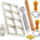 Ravioli Maker Press, Ravioli Stamp Maker - Heart Round Squares - 1.85" Squares Ravioli Stamp Maker Cutter with Wood Rolling Pin, 2.6" Empanada Maker Press Kit and Ravioli Wheel, Makes 8 Ravioli