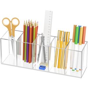 Uniclife Clear Acrylic Pen Holder for Desk, Plastic Pencil Holder Pen Organizer with 5 Compartments, Desktop Stationery Organizer for Office Home School, Vertical Makeup Brush Holder, 11.3" x 3" x 4"