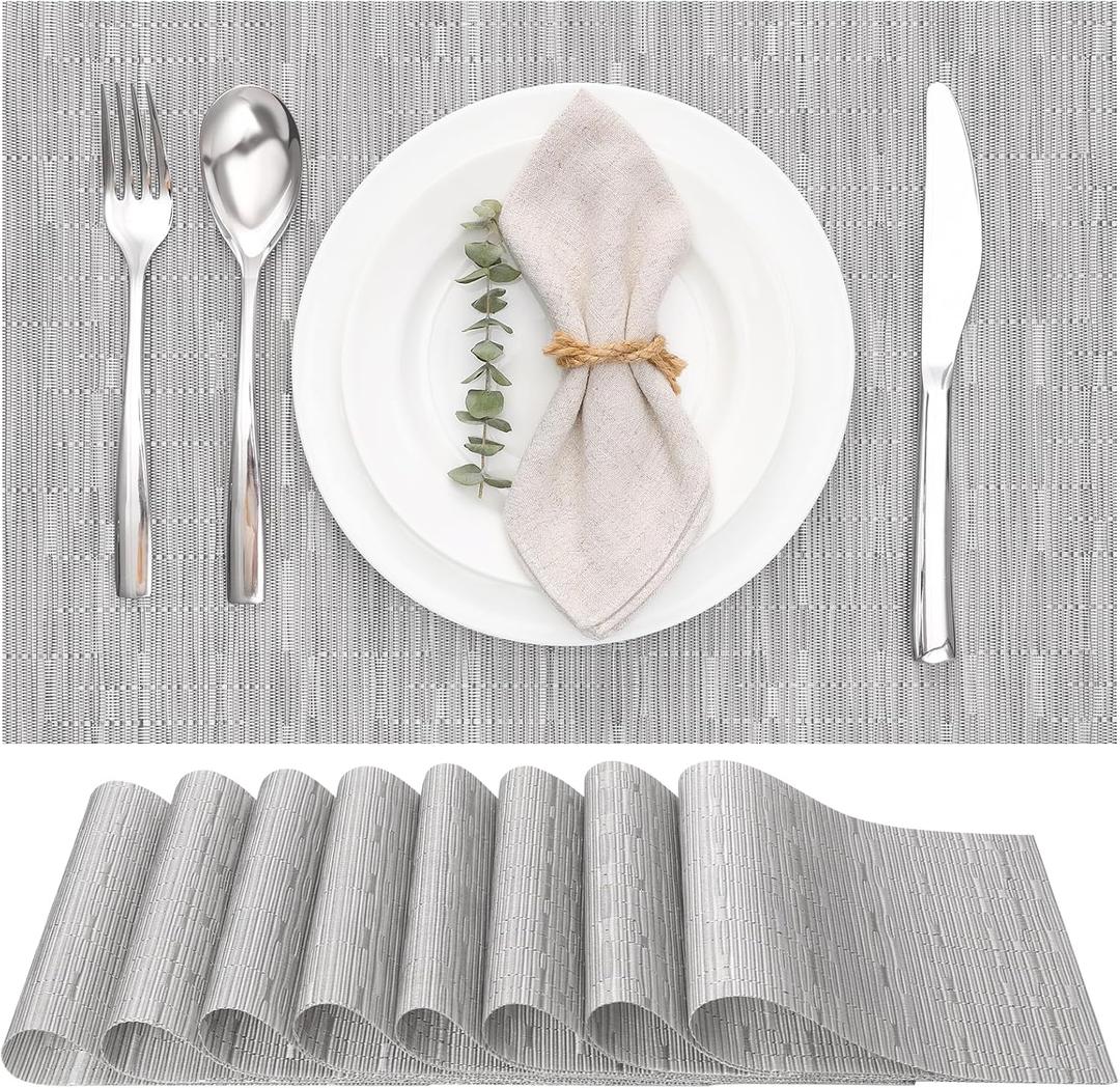 Myir JUN Placemats Set of 8, Vinyl Woven Placemats Place Mats Indoor Set of 8 Washable Table Mats Non-Slip Place mats for Dining Table (Silver, Set of 8)