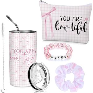 Sieral 4 Pcs Bow Gifts for Women Pink Preppy Birthday Gifts for Women Pink Bow Makeup Bag You Are Bowtiful Tumbler 14oz Beaded Bracelet Scrunchies Coquette Trendy Stuff Paraprofessional Appreciation