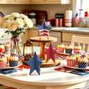 2 x 4th of July Wooden Star Signs, 3D Red White Blue Star Table Decor Glitter Patriotic Star Table Centerpieces for Independence Day Memorial Day Labor Day Tiered Tray Signs Americana Home Office Desk Shelf