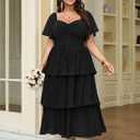 SCOMCHIC Women's Plus Size Formal Wedding Guest Evening Party Dress Short Sleeve Pleated Tiered Chiffon Bridesmaid Dresses (Black, L)