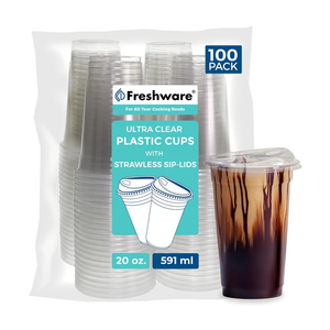 Freshware Clear Plastic Cups with Strawless Sip Lids [100 Cups - 20 oz] Disposable Tumblers for Iced Coffee, Smoothie, Milkshake, Cold Drinks