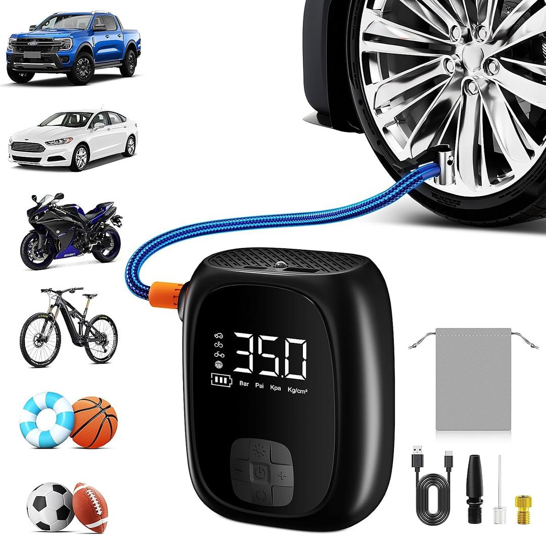 Tire Inflator Portable Air Compressor Fast Inflation, Auto Shut-Off & LED Display | High-Power Air Pump for Car, Motorcycle & Bike Tires, USB Rechargeable & Compact Design, Gifts for Men