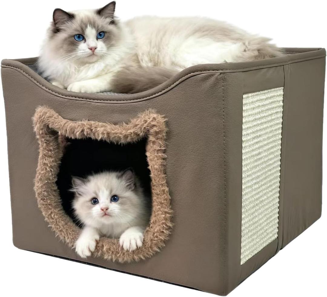 Cat Beds for Indoor Cats, Large Cat Houses with Cozy Condo,with Premium Tech Fabric& Scratch Pad, Round Window, Foldable Indoor Cat House Hold Up to 30LBS, with Reversible Cushion for Multi Small Pet (M(16.1"D x 16.1"W x 13"H, Brown))
