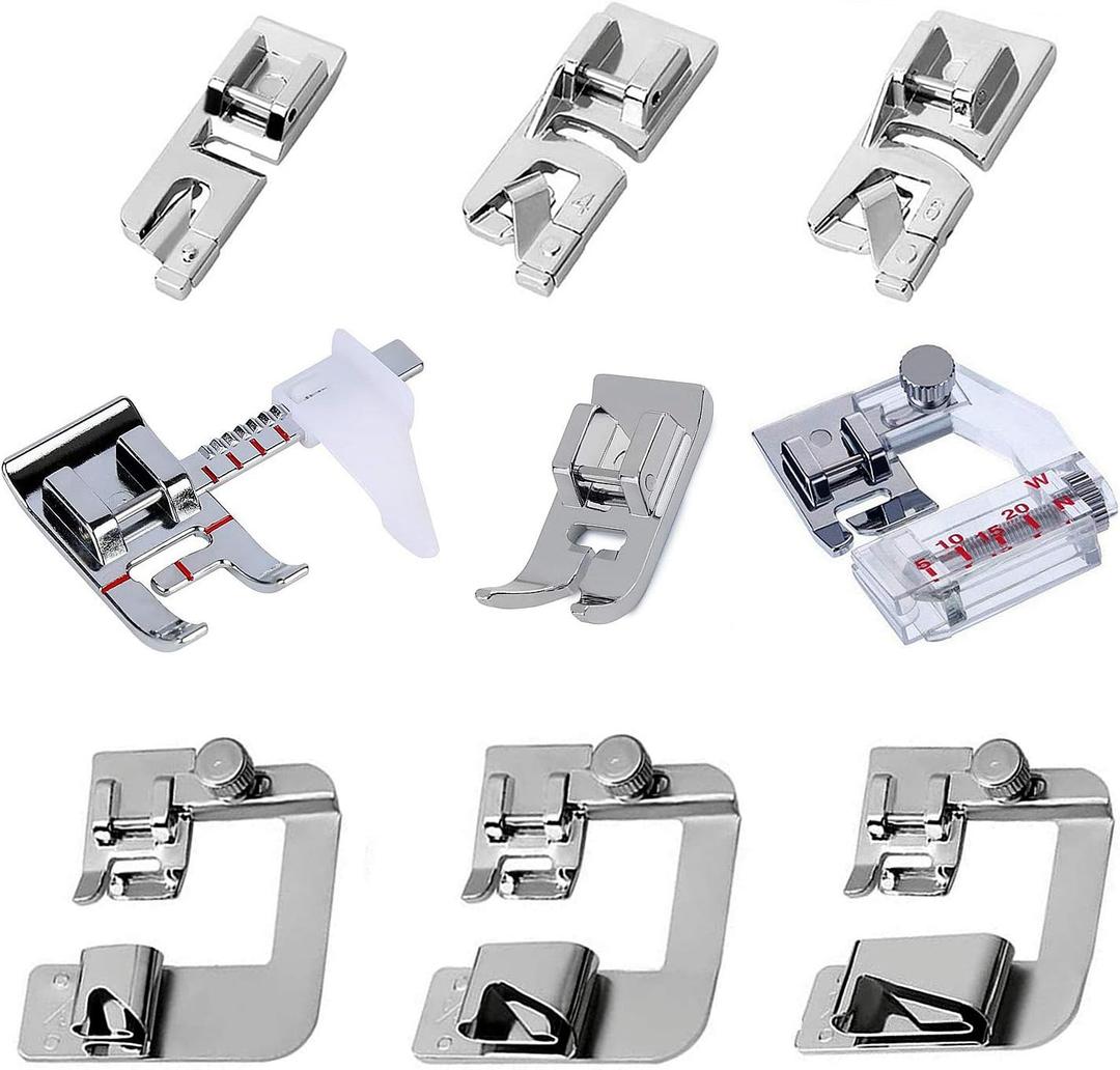 9Pcs Sewing Machine Feet Set Includes 3pcs Narrow Rolled Hem Presser Feet,3Pcs Rolled Hem Pressure Foot,Zig Zag Presser Foot,Adjustable Guide Foot, Bias Binder Foot for Brother Singer Janome