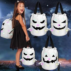 Talltalk 3 Pcs Halloween Light up Bucket LED Trick or Treat Drawstring Bags Multipurpose Reusable Pumpkin Candy Goodies Bucket for Kids Halloween Supplies Favors(White)
