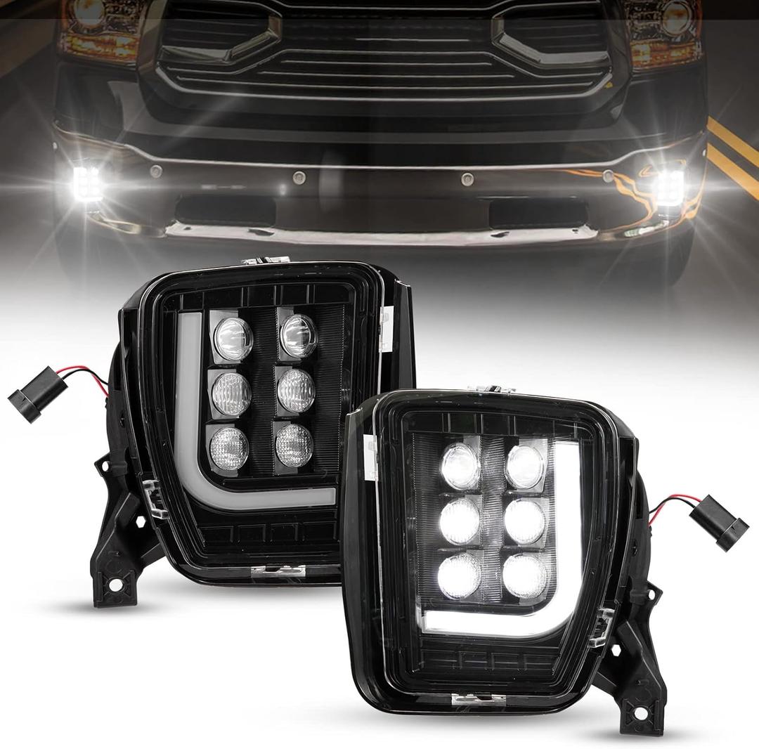 BUNKER INDUST Dodge Ram LED Fog Light with Daytime Running Light Set,Pair Spot Flood Bumper Driving Fog Lamp L-type DRL Assembly Replacement for 2013 2014 2015 2016 2017 2018 Dodge Ram 1500