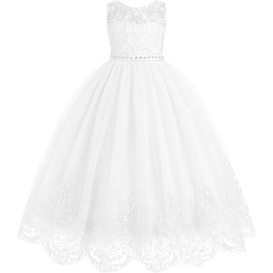 IDOPIP Flower Girl Lace Dress for Kids Wedding Bridesmaid Pageant Formal Party Long Maxi Gown Little Princess First Communion Birthday Prom Graduation V-Back Bow Puffy Tulle Dresses White 13-14 Years