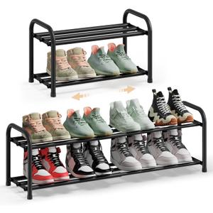 SONGMICS Expandable Shoe Rack, Adjustable Shoe Organizer Storage Shelf, Sturdy and Heavy-Duty, for Closet, Entryway, Living Room, 2-Tier, Ink Black ULMR026BD01