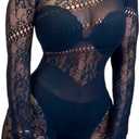 Women's Sexy See Through Long Sleeve Rhinestone Accent One Shoulder Cutout Mesh Lace Bodysuit Jumpsuit (Black)