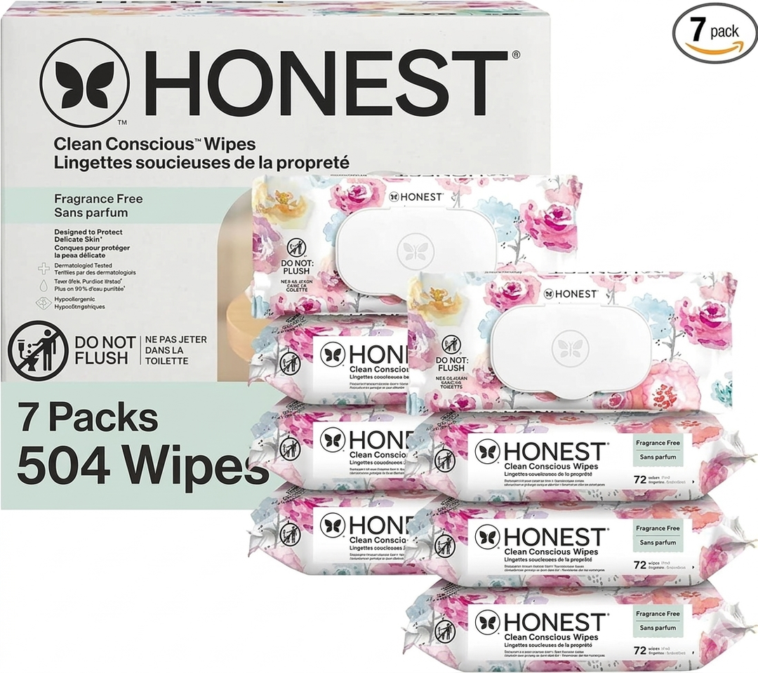 The Honest Company Baby Wipes for Sensitive Skin, Hypoallergenic, Fragrance-Free, Multi-Use, Rose Blossom Design, 504 Count (72 Count (Pack of 7))
