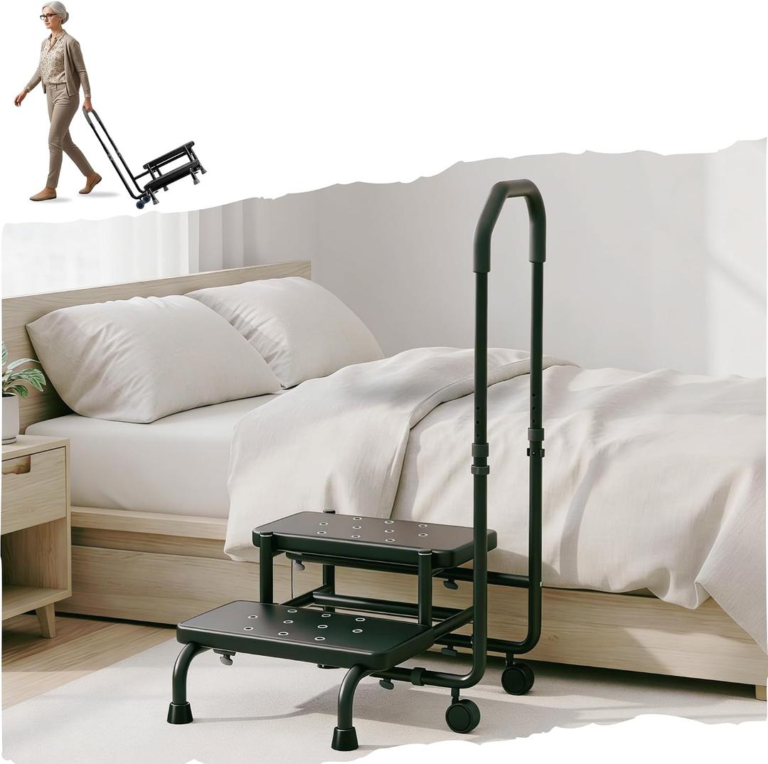 2 Step Stool with Handle & Wheels for Seniors, 400 lbs Capacity, Heavy Duty Bed Step for High Beds, Adjustable 5-Level Handrail, Non-Slip Wide Steps, Non-Skid Rubber Feet (Black)