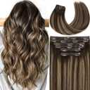 Clip in Hair Extensions Real Human Hair 16in 7Pcs 18 Clips PU Weft Seamless Extensions Clip in Human Hair Chestnut Brown Mixed Dark Brown with Dark Brown Roots Natural Human Hair For Women 130g