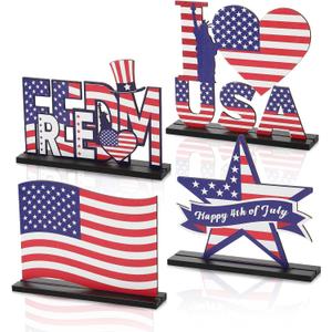 4pcs Memorial Day Decorations Table Wooden Sign Patriotic Themed Tiered Tray Decor Remember and Honor Happy Memorial Day Table Decor Supplies