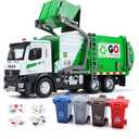 HOLYFUN 12'' Electric Garbage Truck Set with Front Loader/Metal Cab, Friction-Powered Recycling Vehicle with Dumpster, 4 TrashBins & Sorting Cards, TrashTruck Toy with Lights/Sounds for Kids