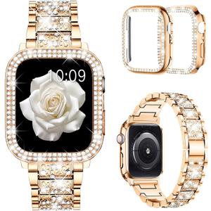 Mosonio Compatible with Apple Watch Band 38mm 40mm 41mm 42mm 44mm 45mm 46mm 49mm with 2 Pack Case Women, Jewelry Replacement Metal Bands Strap with Bling PC Protective Case for iWatch Ultra SE Series 10/9/8/7/6/5/4/3/2/1 (44mm (Series 6/5/4/SE), Rose Gold)