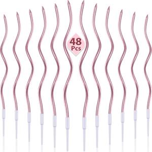 48 Pieces Twisty Birthday Spiral Cake Candles with Holders Long Thin Curly Coil Metallic Cake Cupcake Candles for Birthday Wedding Party Decoration(Metallic Rose Gold)