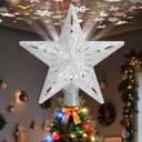 Christmas Tree Topper Star Lighted with 32.8ft Breathing Flickering Light Cord & 6 LED Projection Modes, Silver Christmas Star Topper for Indoor Xmas Holiday Tree Decoration