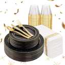 FLOWERCAT 175PCS Black Plastic Plates with Gold Rim & Black and Gold Plates & Gold Plastic Silverware & Black Disposable Plates for Wedding, New Year