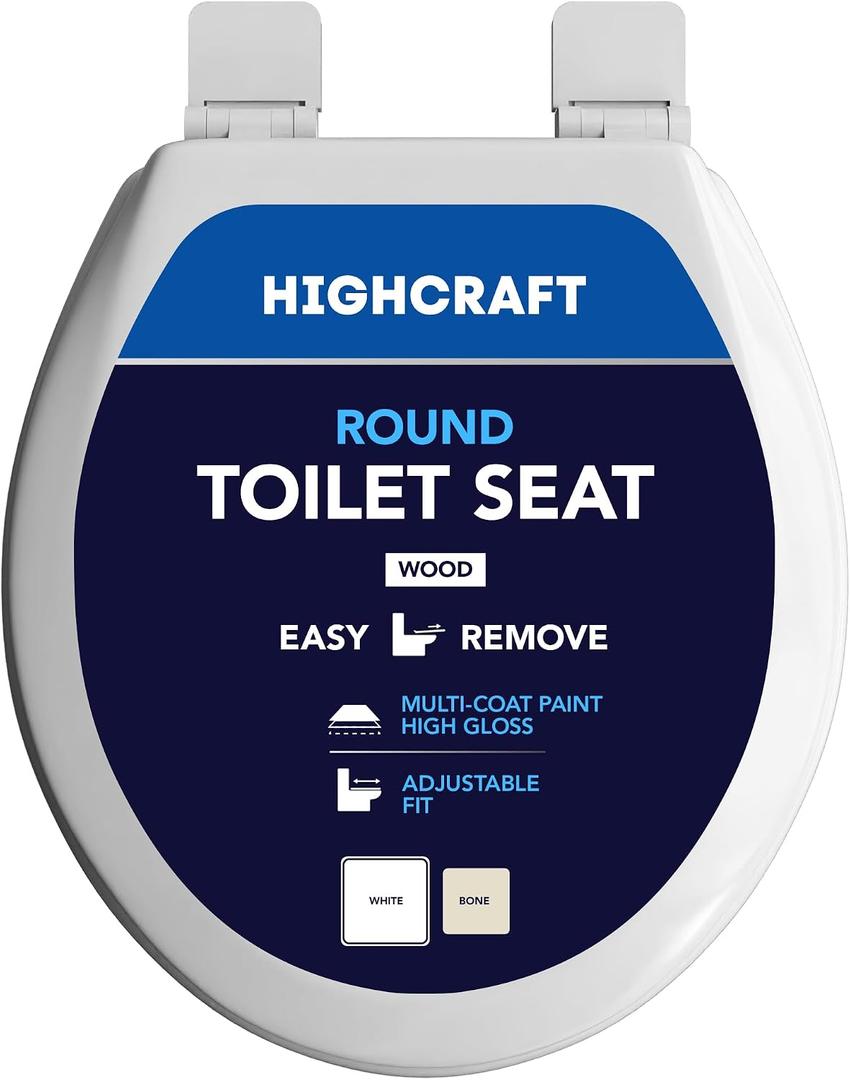 HIGHCRAFT Premium Round Toilet Seat with Adjustable Hinges & Quick Removal Mechanism - Molded Wood Toilet Seat - Fits Standard Round Toilets - Round Seat in White