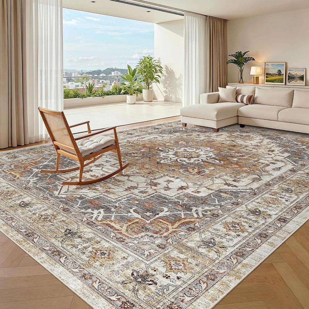 Madane Washable Rug 8x10 Area Rugs for Living Room, Ultra-Thin Non-Slip Backing Rug, Stain Resistant Vintage Large Area Rug for Bedroom (Turmeric/Grey, 8'x10')