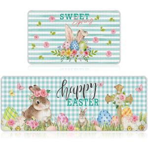 Drydiet Spring Easter Kitchen Rugs and Mats Set of 2 Happy Easter Kitchen Decor Buffalo Plaid Bunny Egg Cross Flower Mat for Floor Spring Decorations for Home, 17 x 30, 17 x 47 Inches