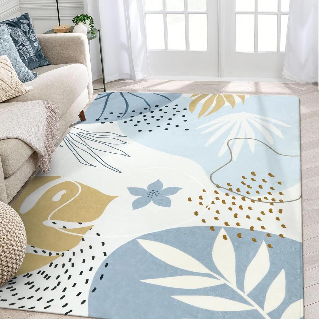 Lahome Boho Blue Area Rug for Living Room - 5x7 Rug Machine Washable Non-Slip Soft Bedroom Rugs Ultra-Thin Large Rug for Dining Room, Botanical Print Indoor Modern Rug for Classroom Nursery Office