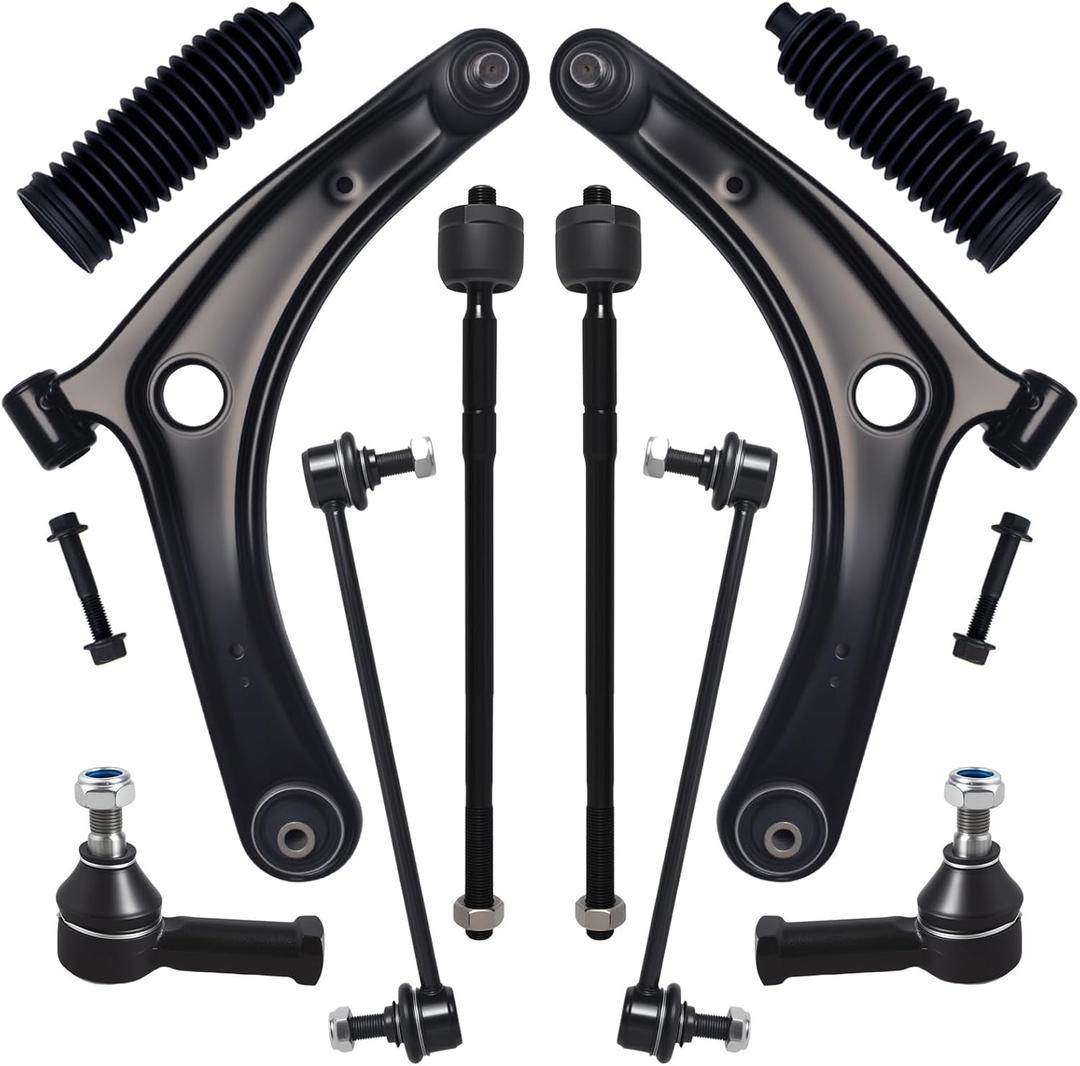 AUQDD 10Pc Front End Kit Fit For 2008-17 Mi-tsubishi Lancer (No Evo), 07-20 Outlander, 2 Lower Control Arm w/Ball Joint 2 Sway Bar Link 4 Outer Inner Tie Rod End (# K620548 K750385 EV800638 ES800471)