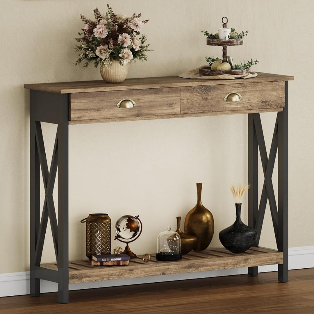 ChooChoo 47" Farmhouse Console Table with Drawer for Entryway, Narrow Long Entry Table with Shelf for Living Room, Rustic Vintage Hallway Sofa Table with Stable X Supports, Rustic Oak & Black, 47.2w"*11.81"d*31.5"h
