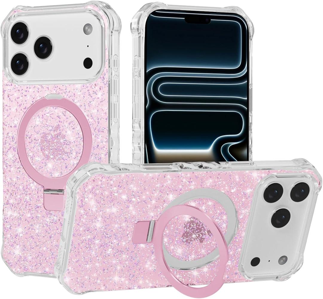 Magnetic for iPhone 17 Pro Case with Invisible Stand, Compatible with MagSafe, Clear Bling Sparkle Shockproof Slim Anti-Slip Military Drop Protection Hard Phone Case 6.3" Glitter Pink