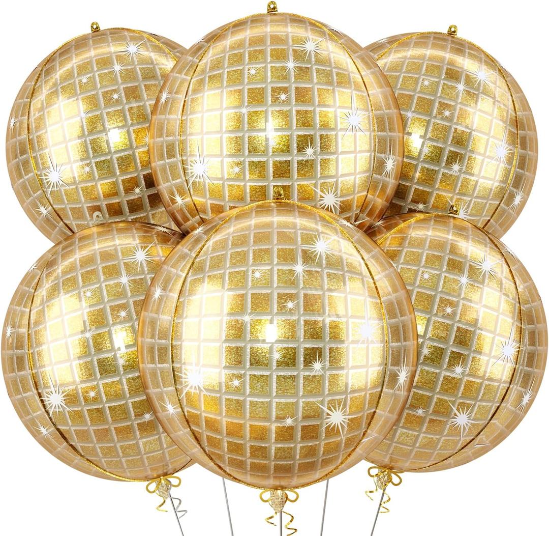 6pcs 22 Inch Gold Disco Ball Balloons, Shiny Gold Big Disco Balloons, 4D Large Foil Aluminum Balloon For Birthday Baby Shower 70s 80s 90s Theme Party Wedding Engagement Graduation New Year Decoration