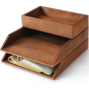 Beeveer 3 Pcs Wooden Letter Tray Wood Letter-Size Desk Organizer Heavy Duty 3 Tier Stackable Support Paper Tray Tabletop Inbox Drawer Desktop File Folder Magazine Office Back to School(Brown)