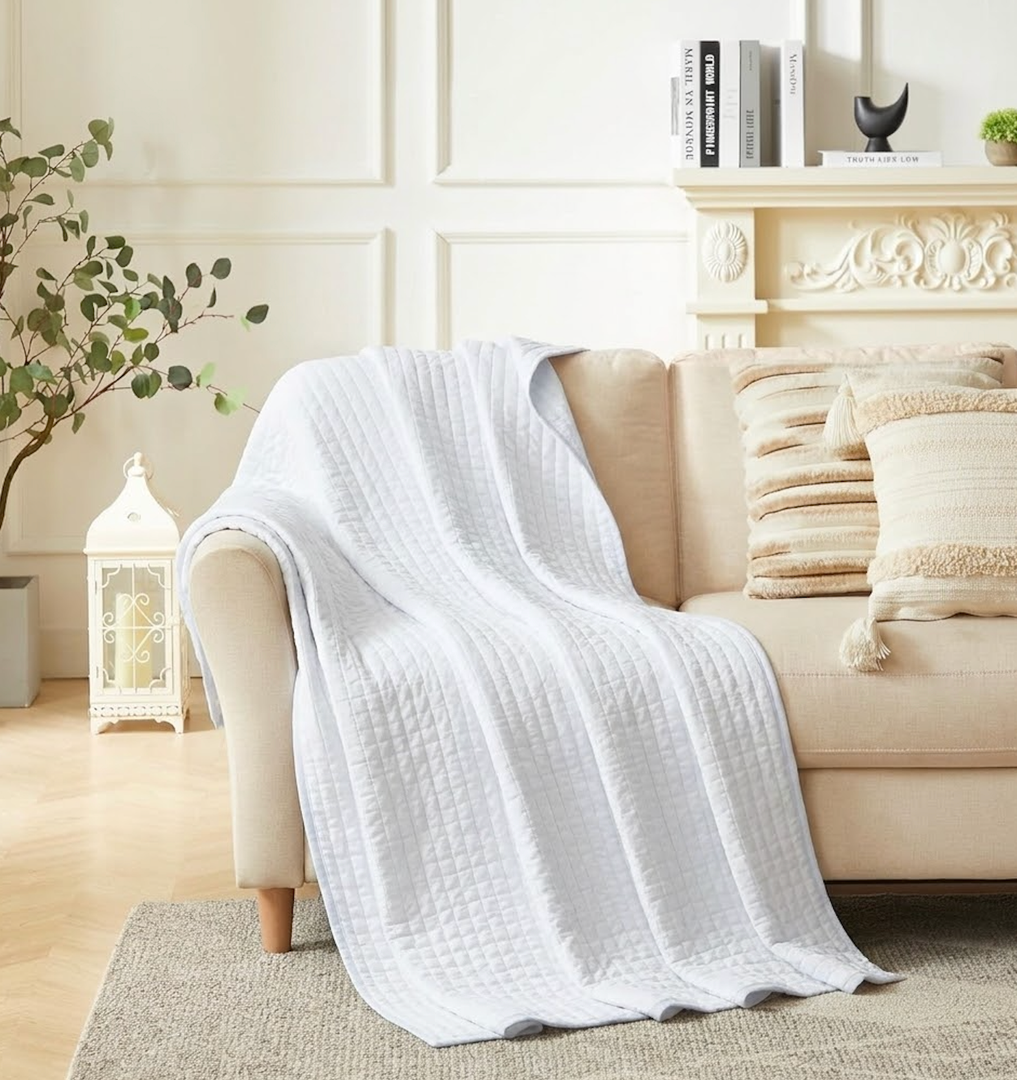 Quilt Throw Blanket, 100% Cotton Fabric Cross Stitch Bedspread Quilted, Reversible Lightweight Blanket for Couch Sofa All Season, 1 Pieces (White, 90×96In) 