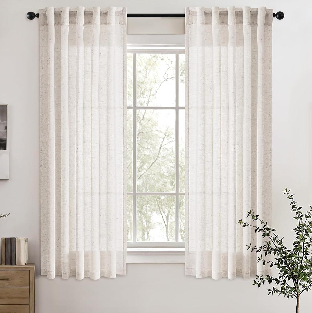 Cream White Sheer Linen Curtains 63 inches Long 2 Panels for Living Room Bedroom Back Tab Pocket Light Filtering Airy Curtains Natural Colored Cotton Textured Modern Farmhouse Aesthetic Decor 37x63